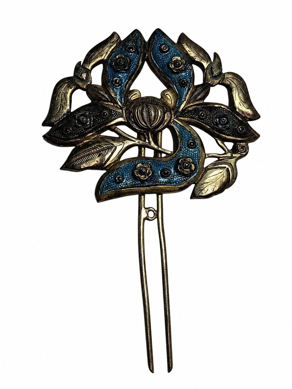 Vintage Brass Blue Enamel Hair Fork Floral Hair Pin Boho Statement